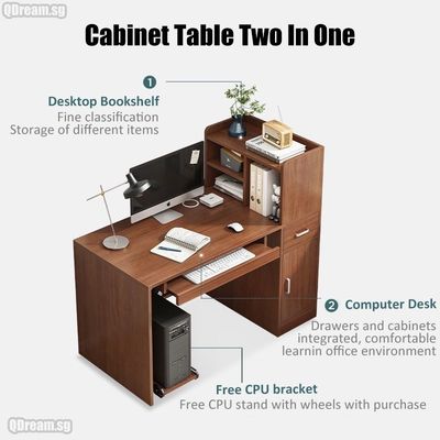 図書棚と引き出しキャビネットのミニマリストのコンピュータテーブル
